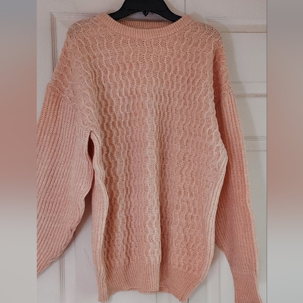 Cardiff Pullover Peach Shetland Wool Blend Sweater Fisherman Waffle Knit XXL 50